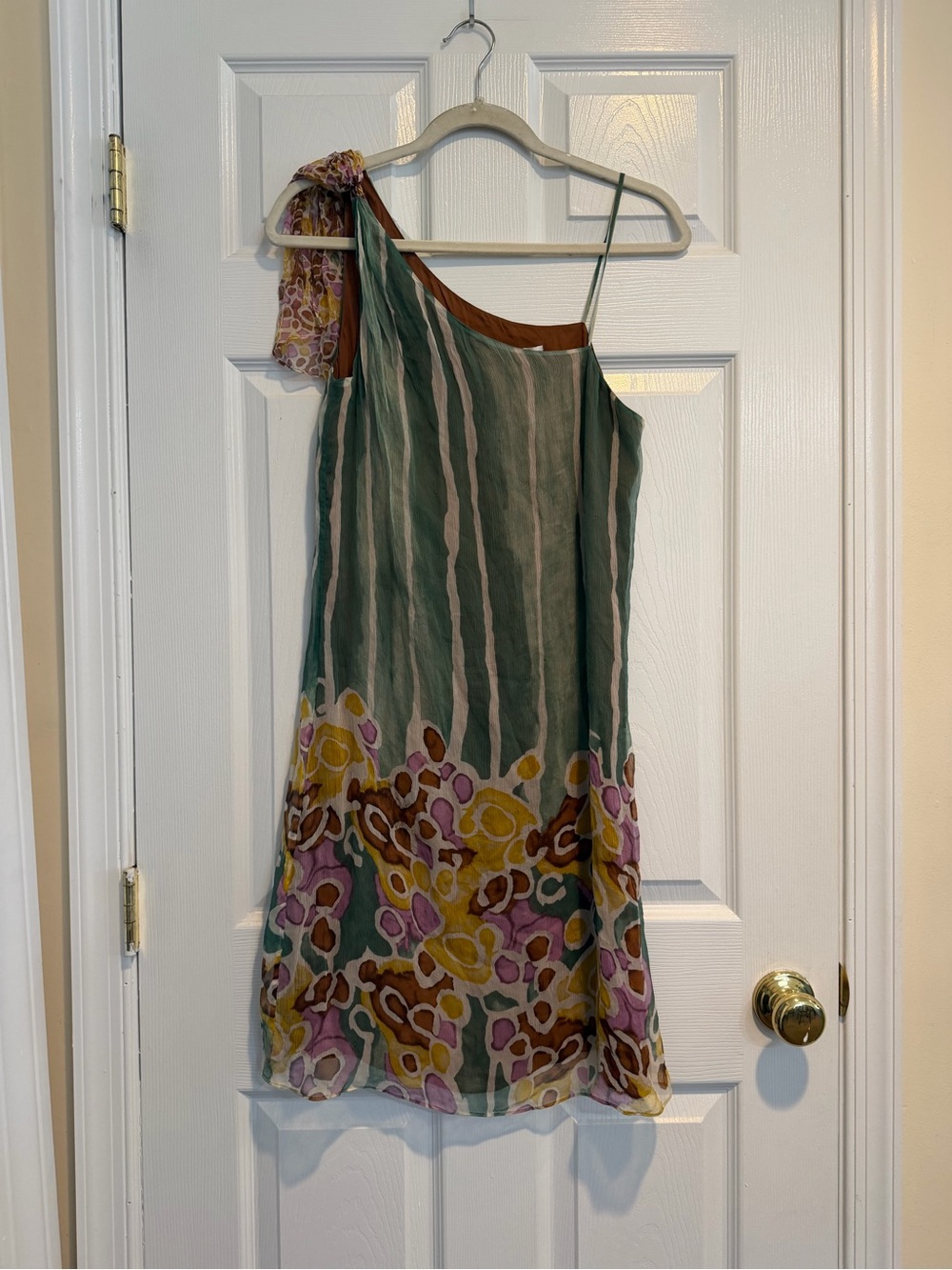 Diane Von Furstenberg One-Shoulder Green Striped Floral-Print Dress